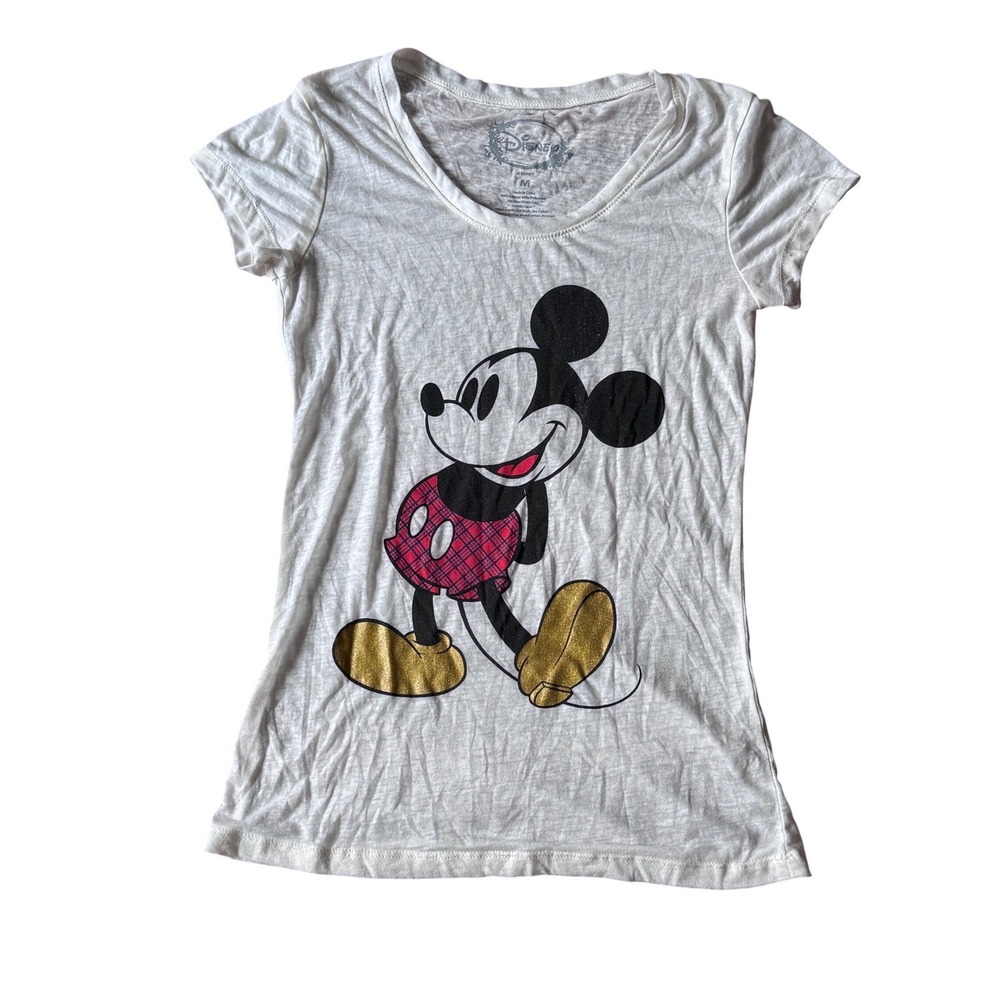 Disney Mickey Mouse Graphic T-Shirt White Plaid Shorts Gold Shoes Womens Medium